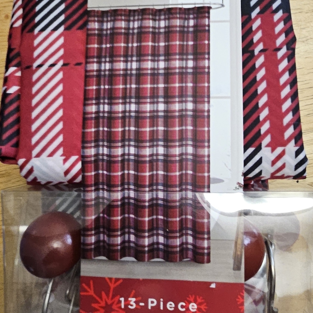 Christmas Plaid Shower Curtain Red Decor Holiday 72X72 13 Piece Hooks Fabric